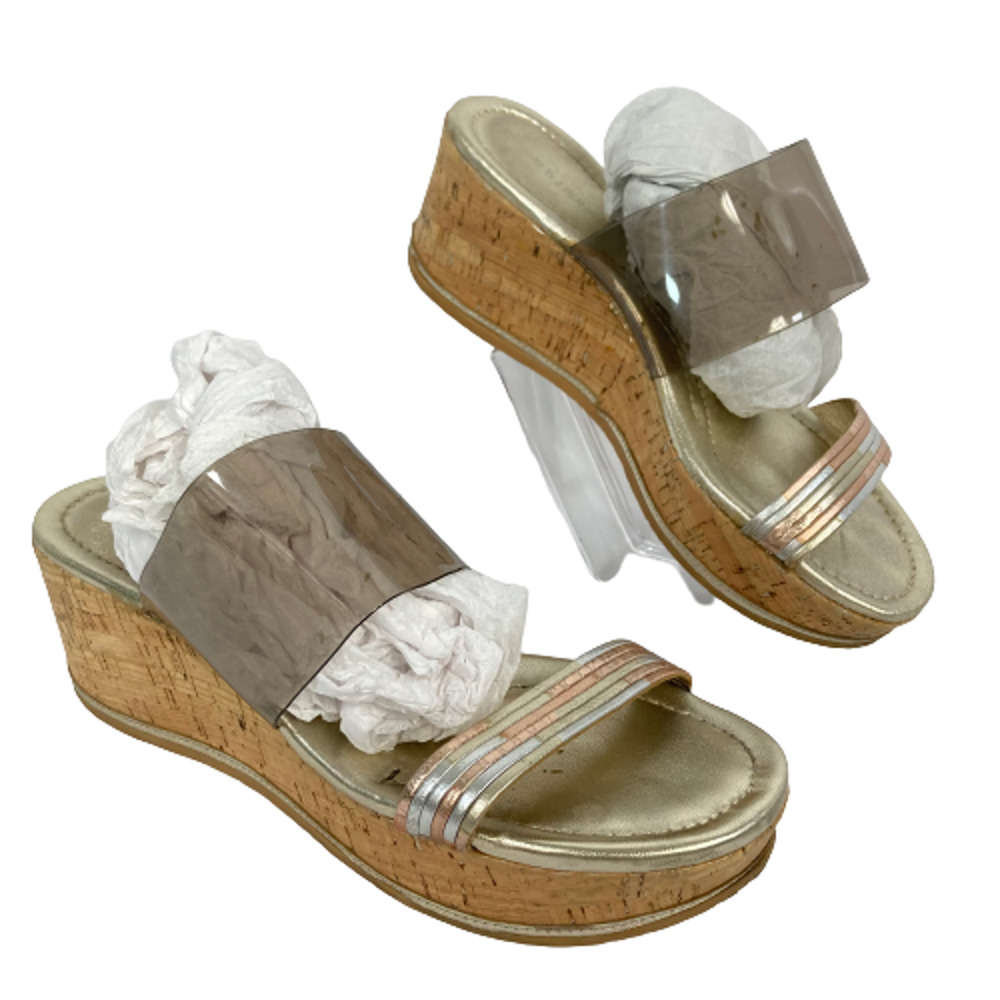 Donald J. Pliner Sandals Womens Sz 8M Gold Leather‎ Cork Wedge Sabrina Slide